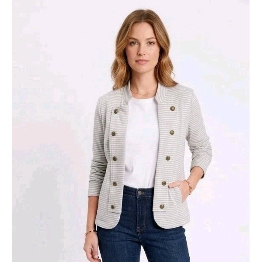 Tommy Hilfiger Women Tan Striped Military Band Jacket Open Front Blazer Knit M